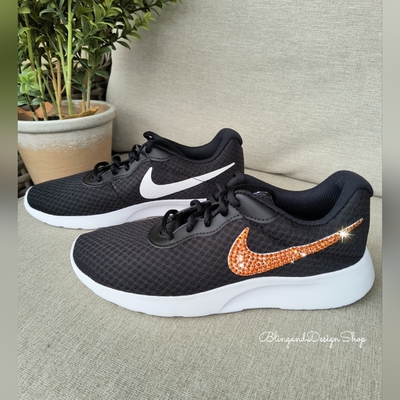 Bling Nikes Tanjun Shoes Custom with Orange Crystal Rhinestones Women's Sneakers - Picture 2 of 5